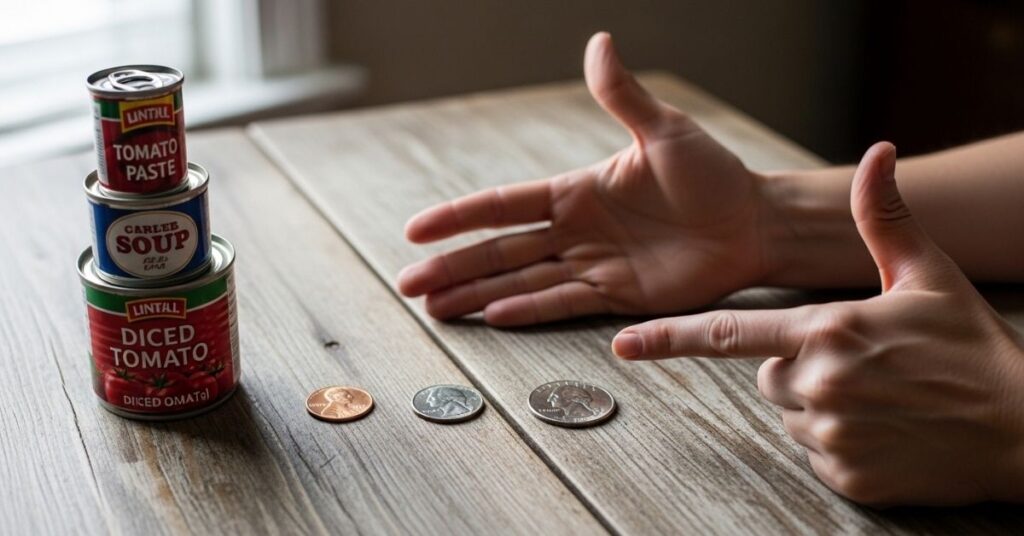 Household Measuring Tools Coins, Hands, and Cans